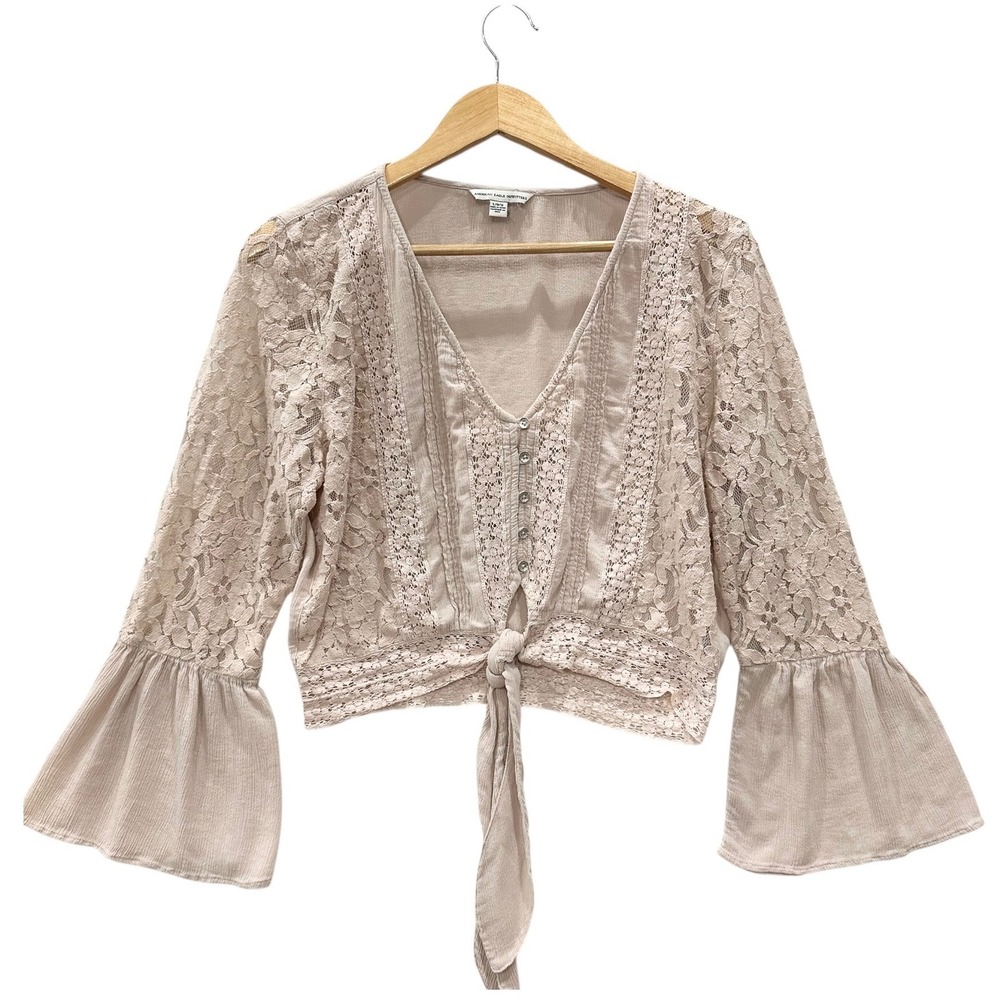 American Eagle Outfitters Beige Lace Bell Sleeve Tie Front Crop Top Large Boho